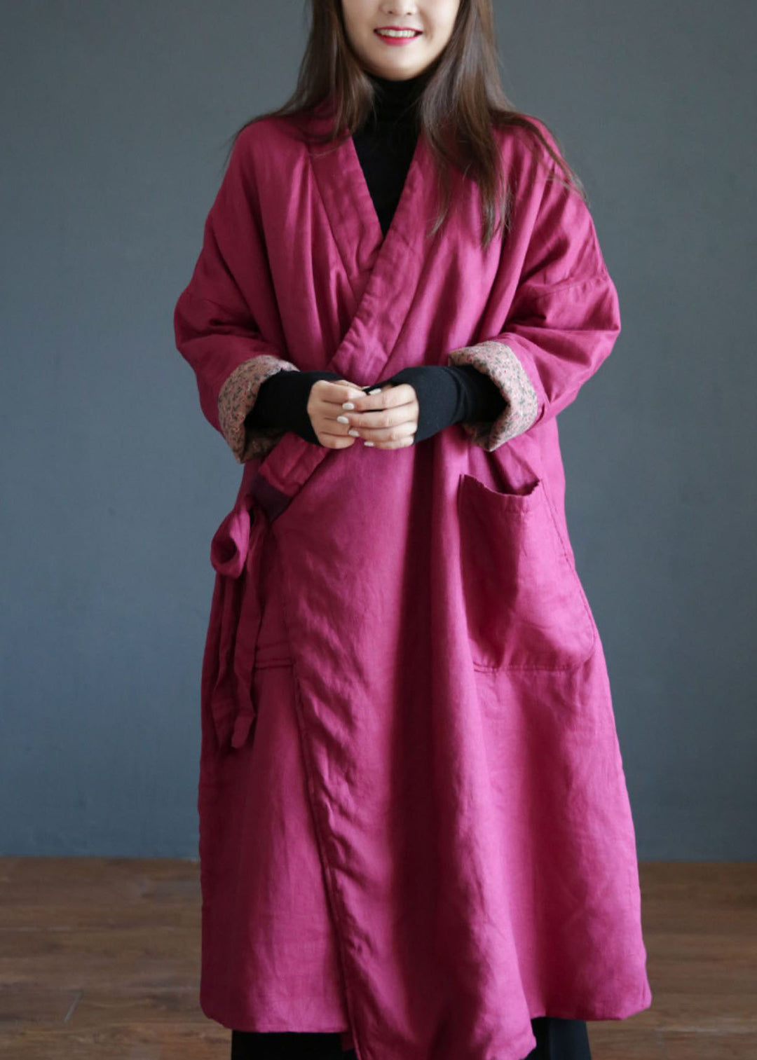 Casual Rose V Neck Pockets Side Open Fine Cotton Filled Coat Winter