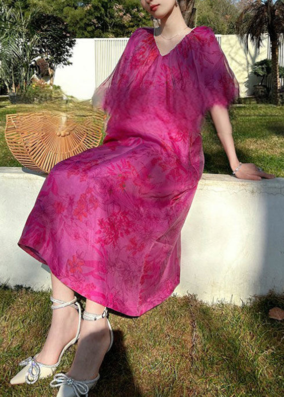 Casual Rose V Neck Print Silk Long Dresses Puff Sleeve
