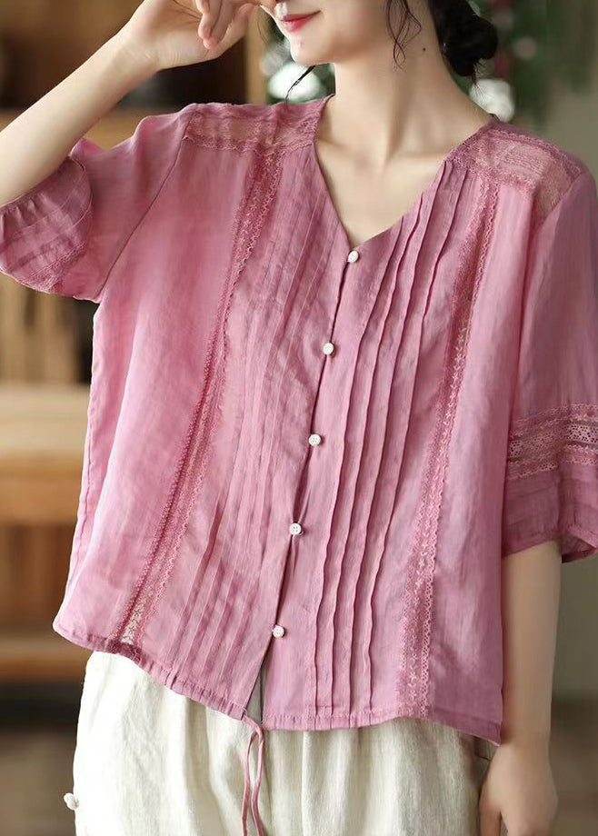 Casual Rose V Neck Wrinkled Patchwork Linen Shirt Top Summer