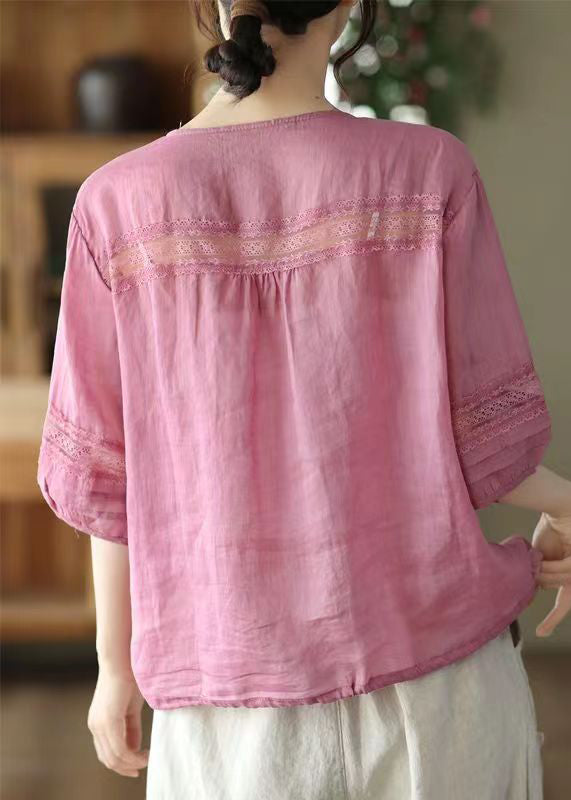 Casual Rose V Neck Wrinkled Patchwork Linen Shirt Top Summer