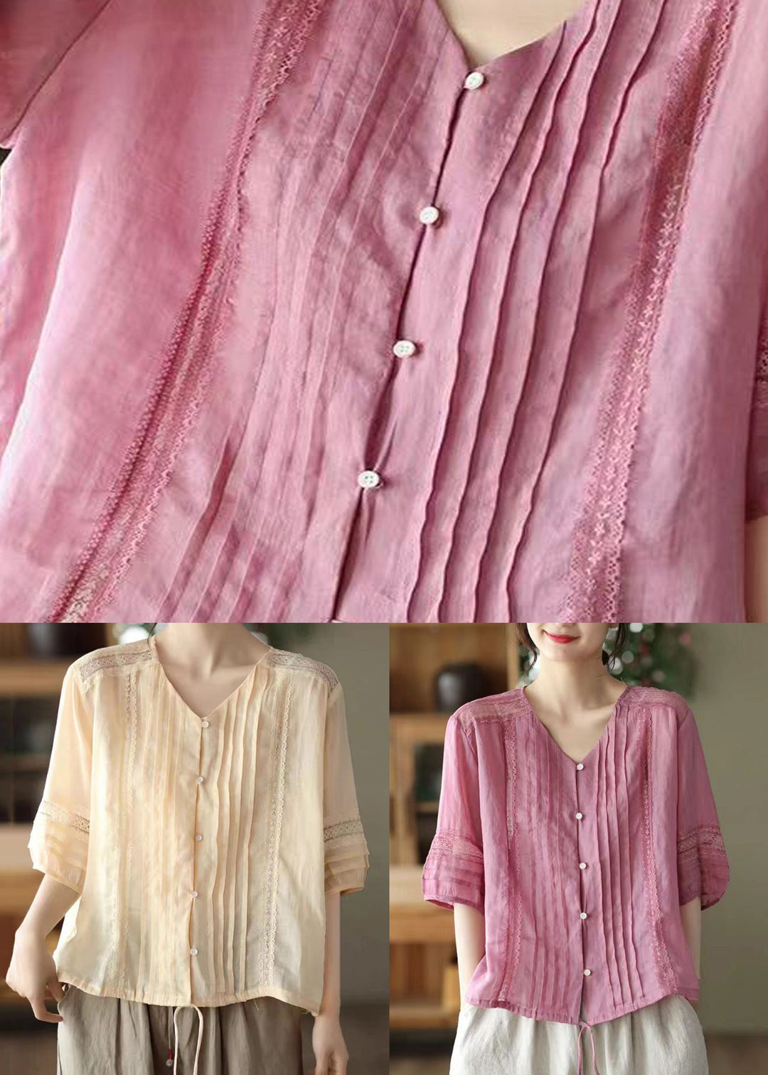 Casual Rose V Neck Wrinkled Patchwork Linen Shirt Top Summer