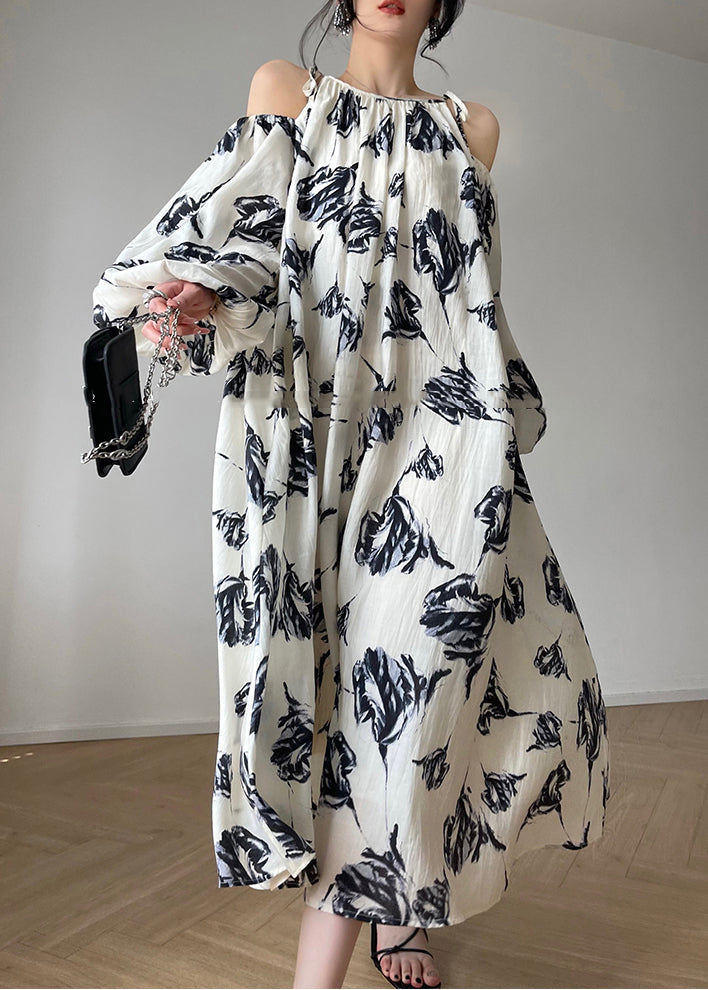 Casual Slash Neck Print Maxi Dresses Puff Sleeve