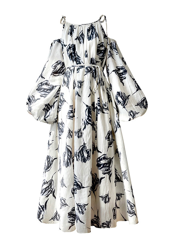 Casual Slash Neck Print Maxi Dresses Puff Sleeve