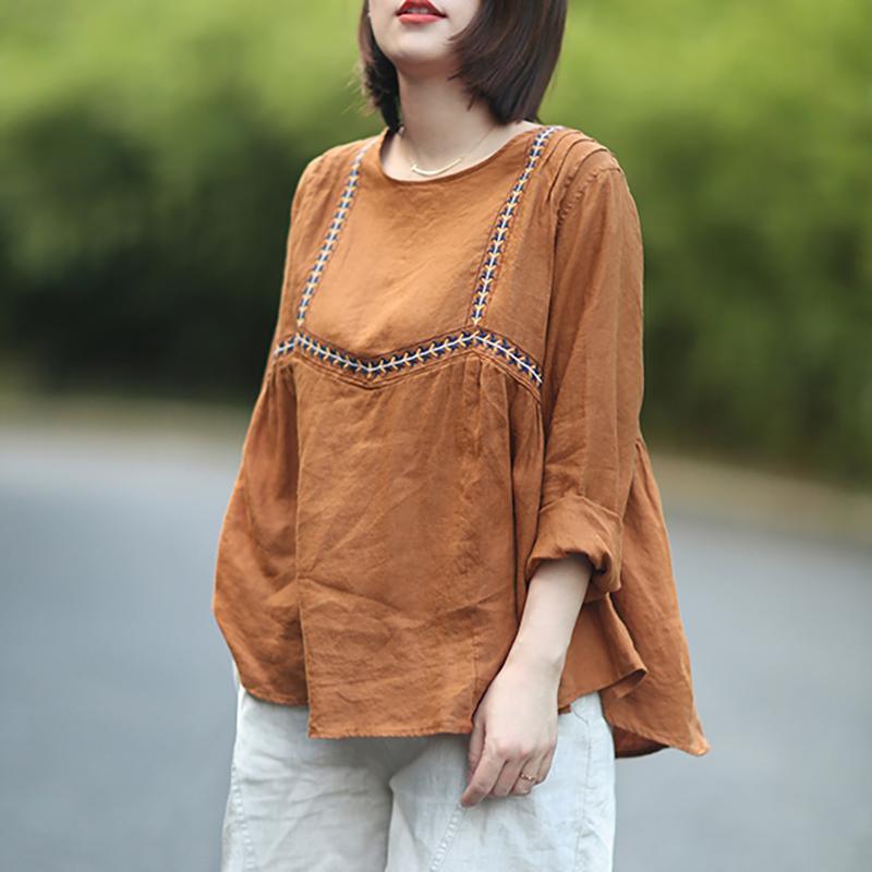 Casual Summer 2019 Loose Embroidery Linen Women T-Shirt - Omychic