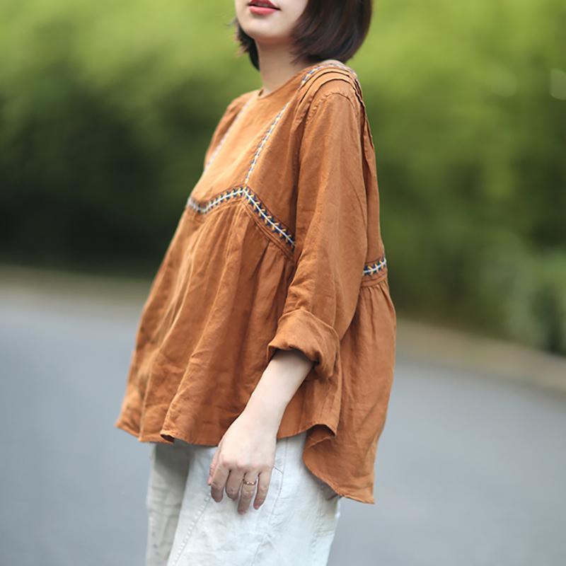 Casual Summer 2019 Loose Embroidery Linen Women T-Shirt - Omychic