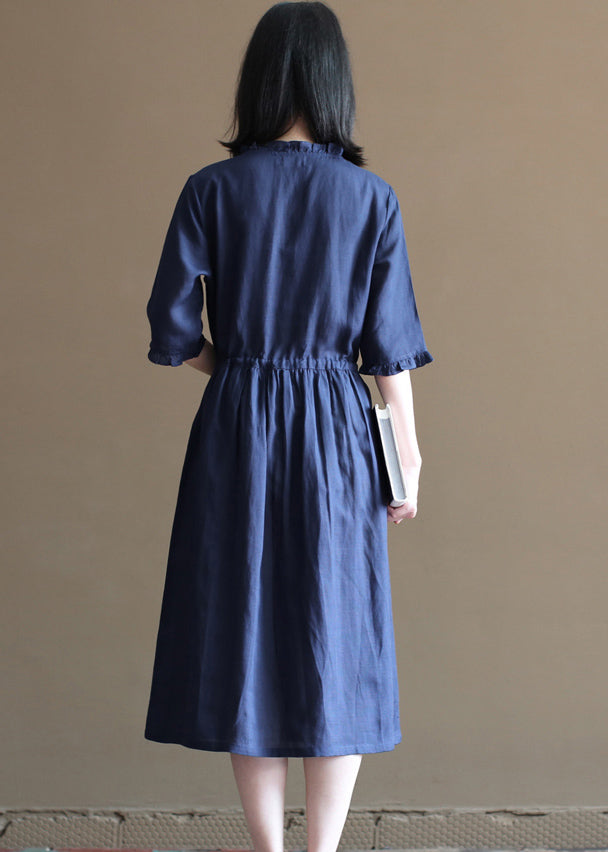 Casual Tibetan Blue Drawstring Ruffled Button Linen Long Dress Half Sleeve
