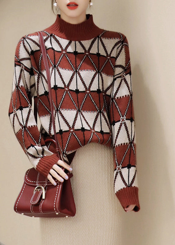 Casual Turtleneck Plaid Patchwork Knit Sweater Long Sleeve