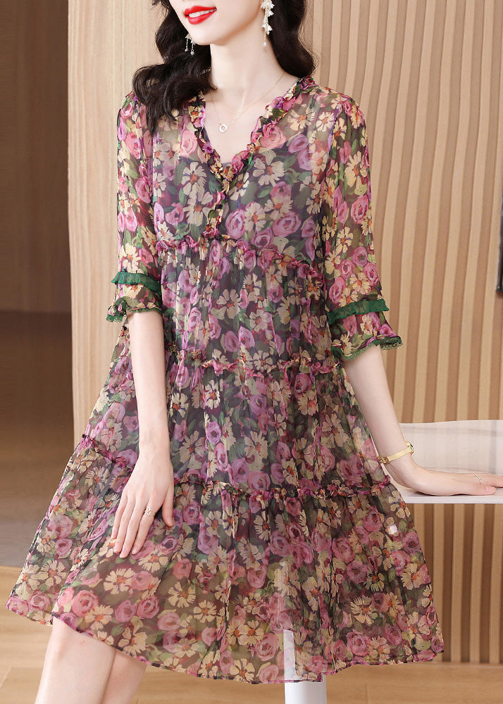 Casual V Neck Print Ruffled Silk Mid Dresses Short Sleeve