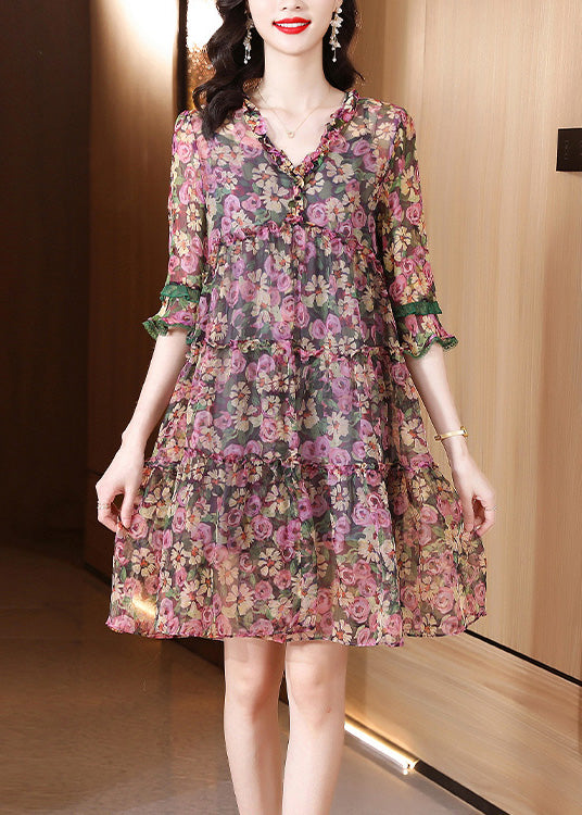 Casual V Neck Print Ruffled Silk Mid Dresses Short Sleeve