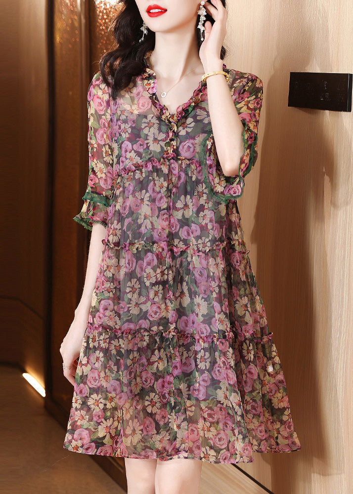 Casual V Neck Print Ruffled Silk Mid Dresses Short Sleeve