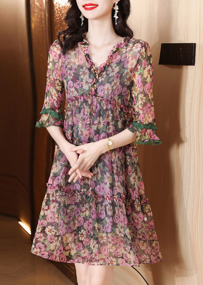 Casual V Neck Print Ruffled Silk Mid Dresses Short Sleeve