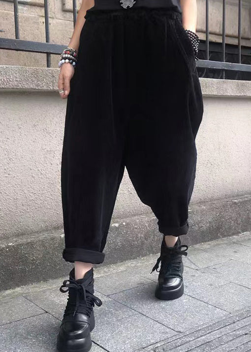 Casual Versatile Black Pockets Elastic Waist Corduroy Pants Fall