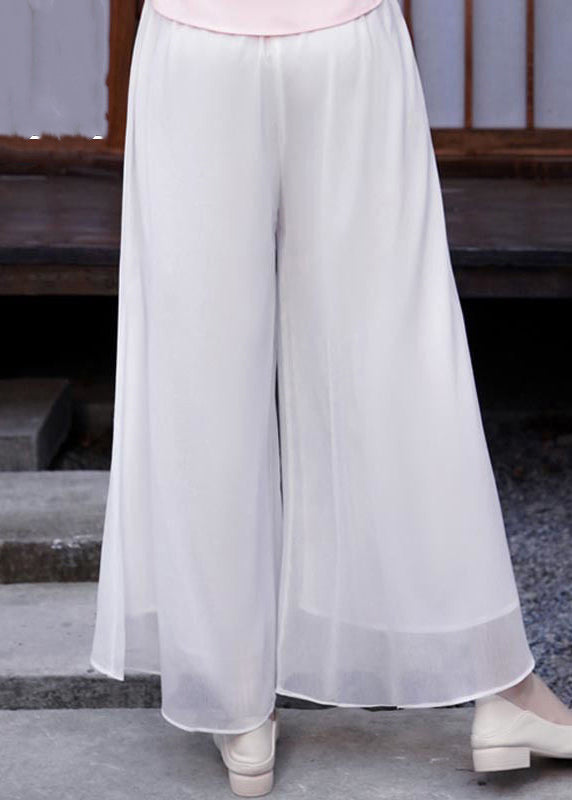 Casual White Elastic Waist Embroideried Chiffon Wide Leg Pants Spring