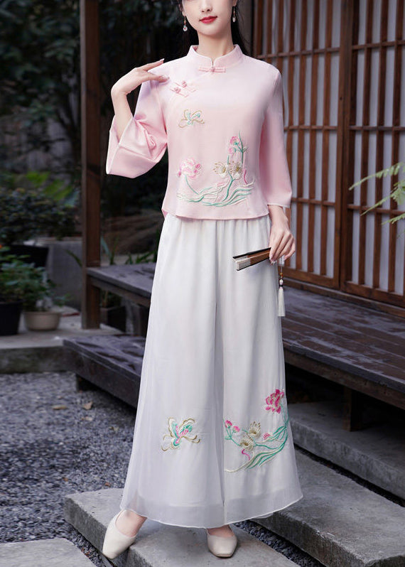 Casual White Elastic Waist Embroideried Chiffon Wide Leg Pants Spring