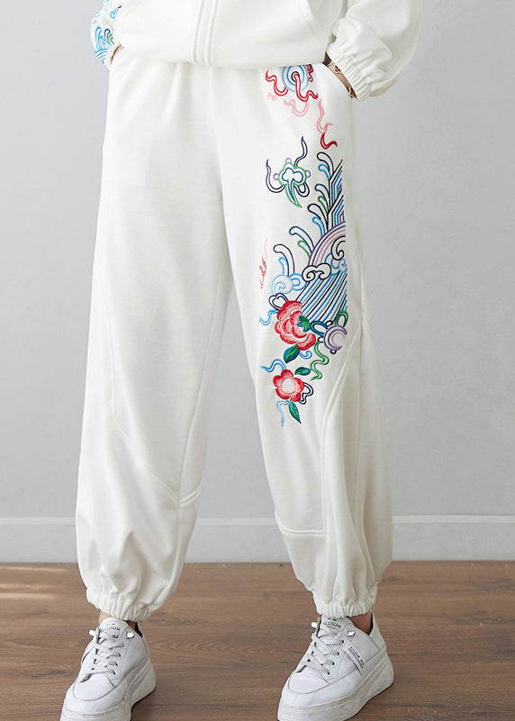 Casual White Embroideried Floral High Waist Pockets Beam Pants Fall