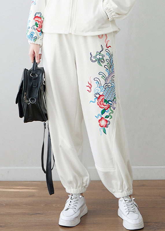 Casual White Embroideried Floral High Waist Pockets Beam Pants Fall
