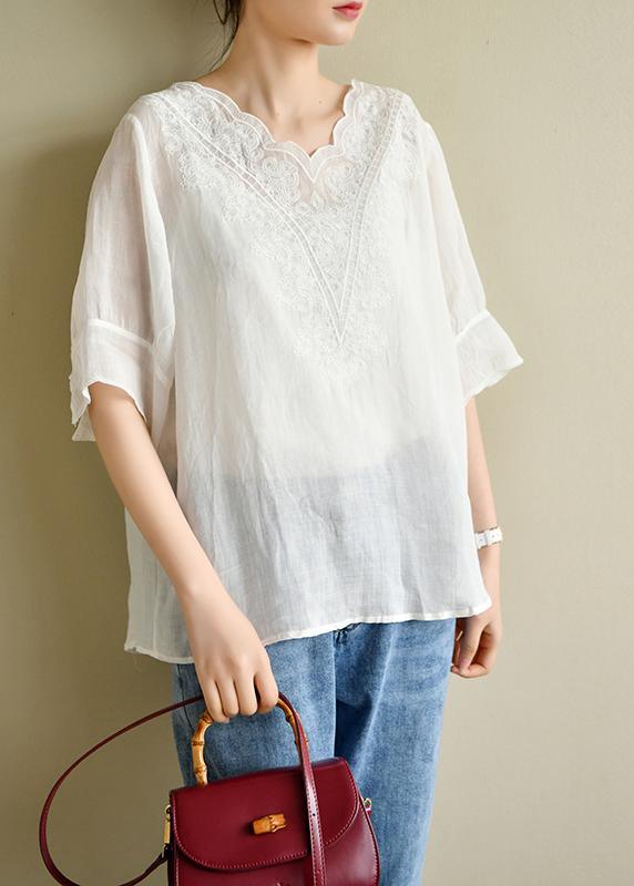Casual White Lace Linen Short Sleeve Blouses - Omychic