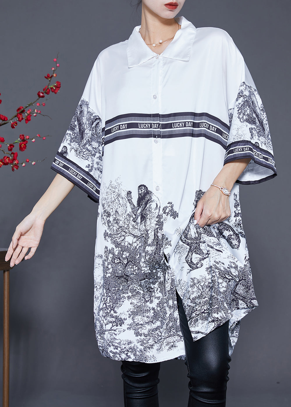 Casual White Oversized Print Ice Silk Shirt Dress Summer