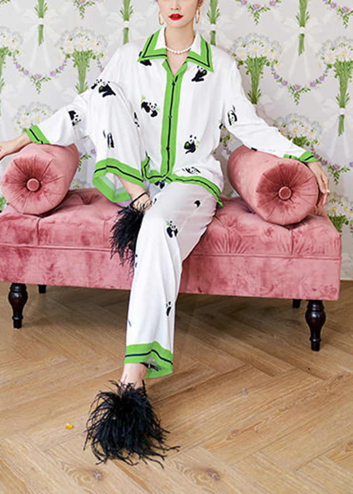 Casual White Peter Pan Collar Panda Print Ice Silk Pajamas Two Pieces Set Spring