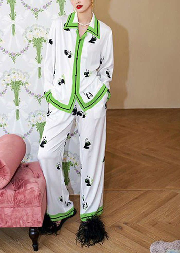 Casual White Peter Pan Collar Panda Print Ice Silk Pajamas Two Pieces Set Spring