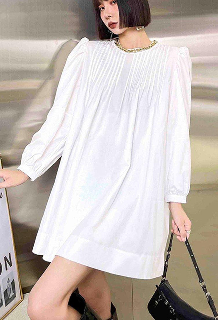 Casual White Puff Sleeve Holiday Summer Cotton Dress - Omychic