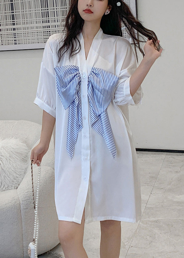 Casual White V Neck Bow Chiffon Shirts Dress Half Sleeve