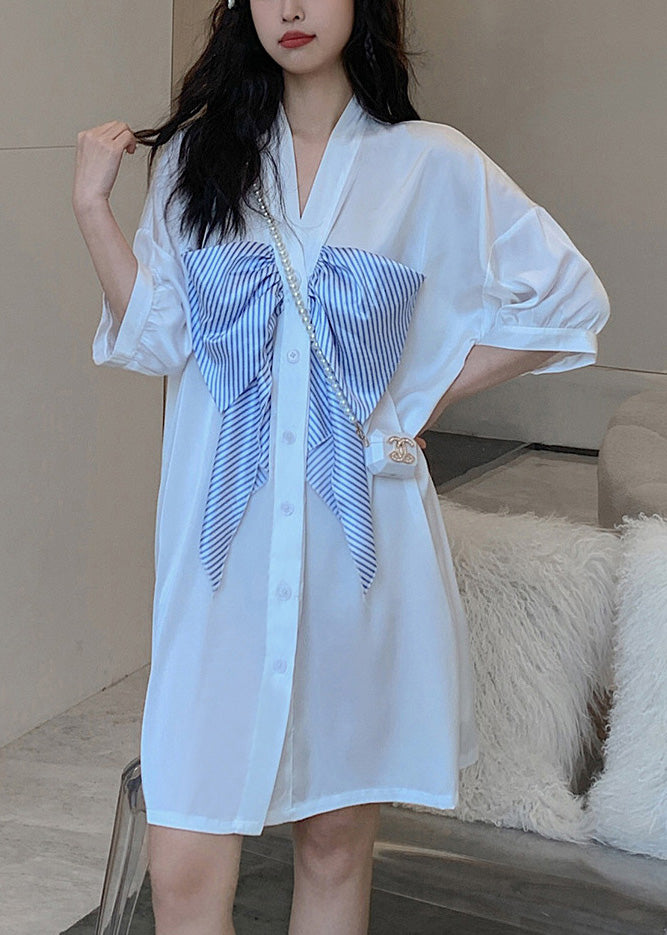 Casual White V Neck Bow Chiffon Shirts Dress Half Sleeve