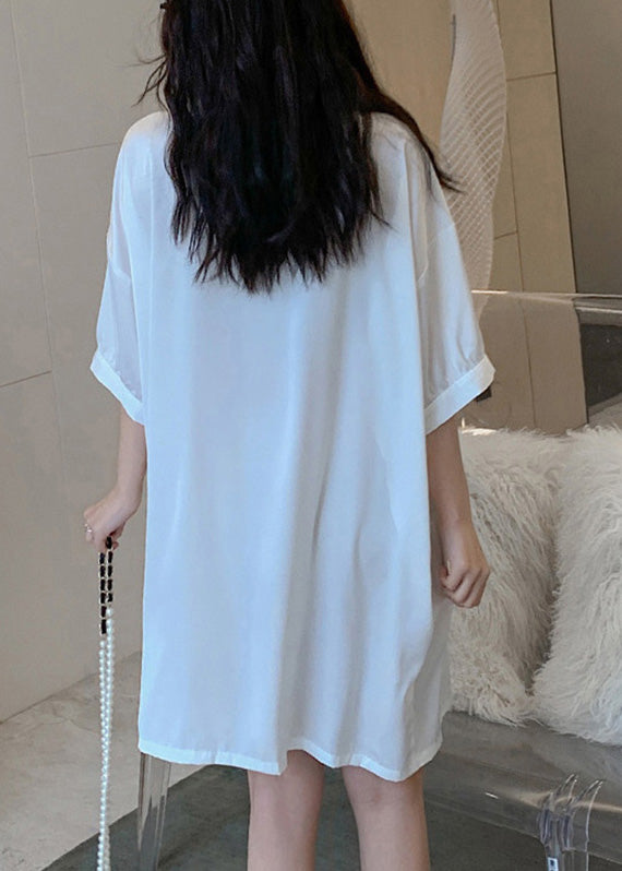 Casual White V Neck Bow Chiffon Shirts Dress Half Sleeve