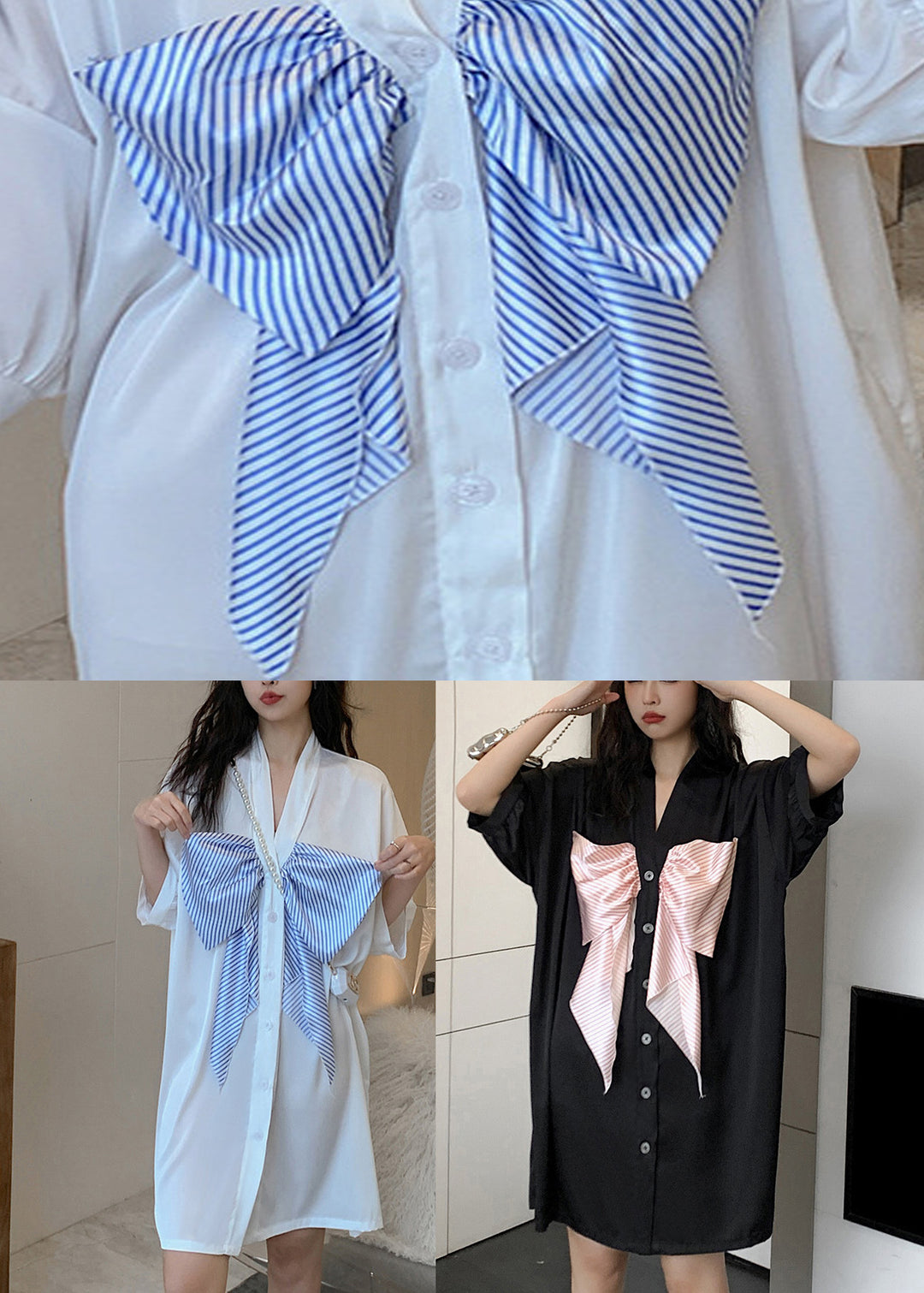 Casual White V Neck Bow Chiffon Shirts Dress Half Sleeve