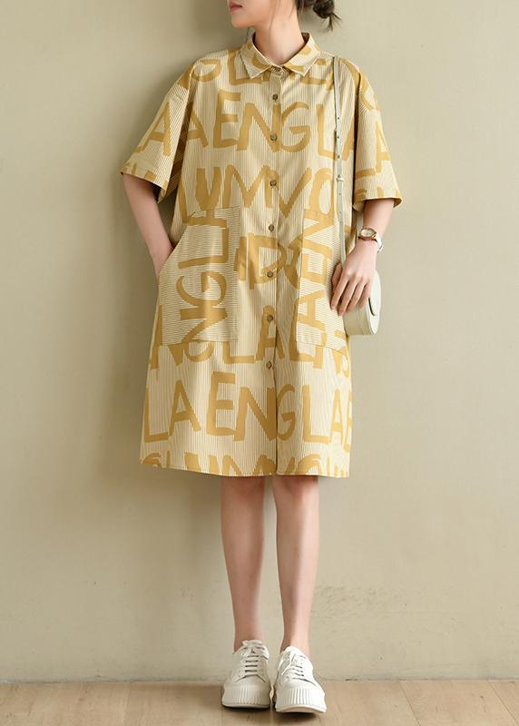 Casual Yellow Cinched Peter Pan Collar Cotton Dress Graphic Dress - Omychic