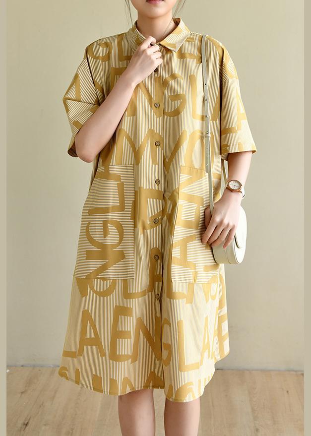 Casual Yellow Cinched Peter Pan Collar Cotton Dress Graphic Dress - Omychic