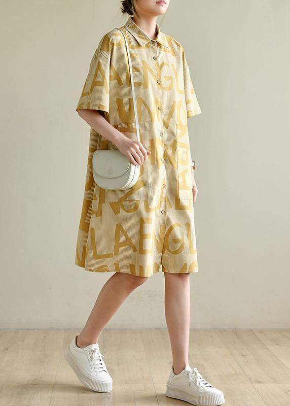 Casual Yellow Cinched Peter Pan Collar Cotton Dress Graphic Dress - Omychic