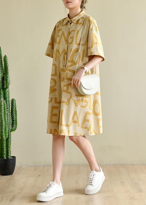 Casual Yellow Cinched Peter Pan Collar Cotton Dress Graphic Dress - Omychic