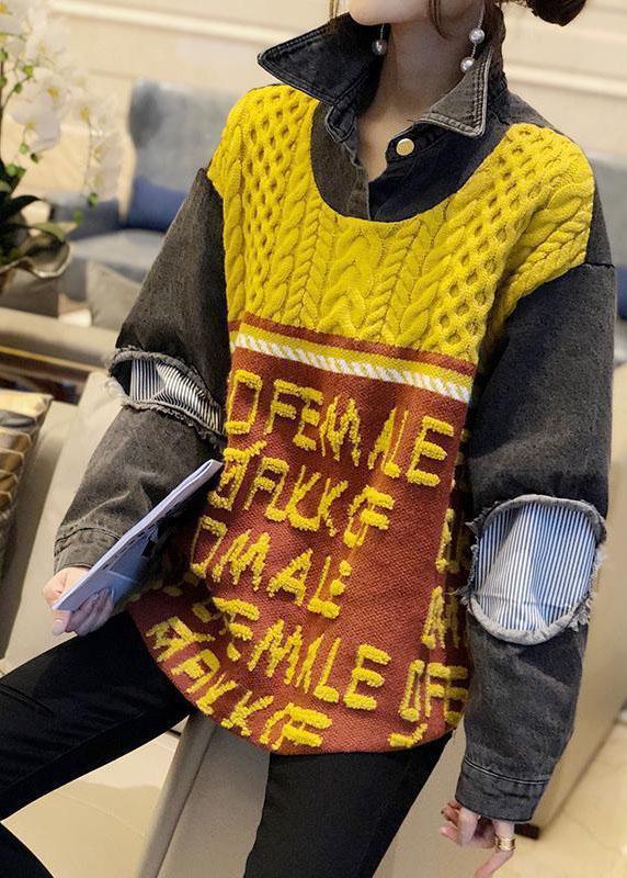 Casual Yellow Denim Patchwork Loose Jacquard Fall Knit Top - Omychic