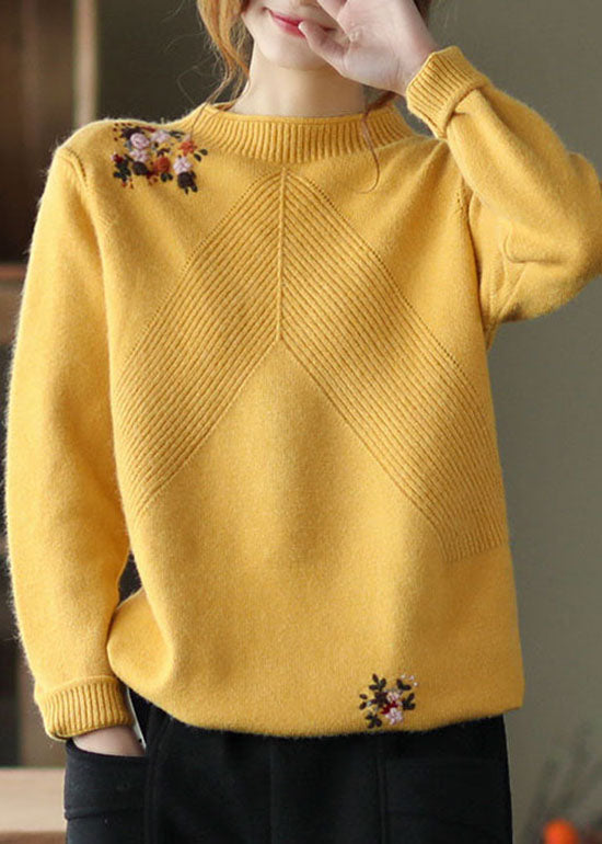 Casual Yellow Embroideried Floral Knit Sweater Winter