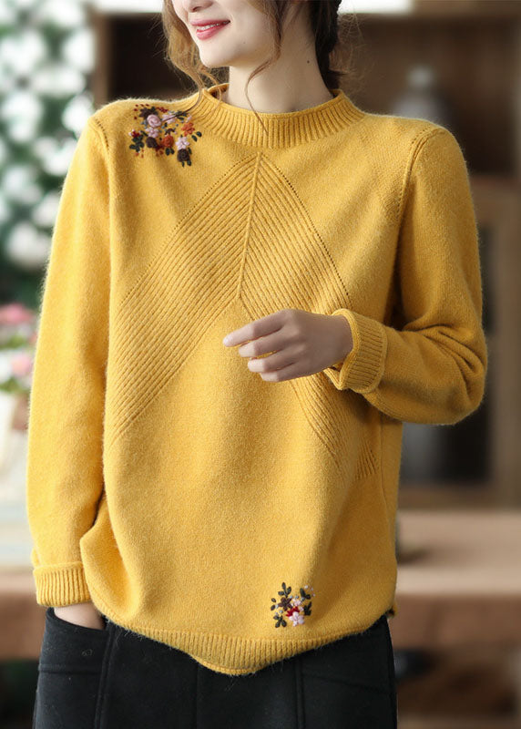Casual Yellow Embroideried Floral Knit Sweater Winter