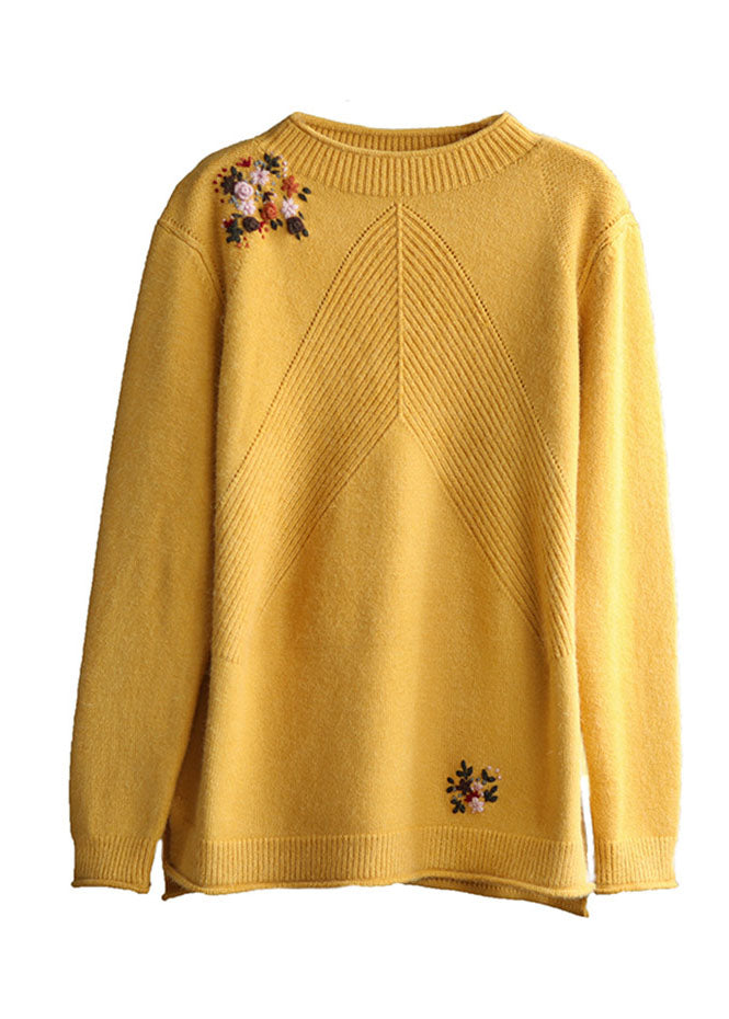 Casual Yellow Embroideried Floral Knit Sweater Winter