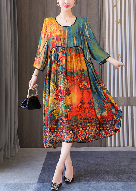 Casual Yellow Floral O-Neck Print Drawstring Long Dresses Summer