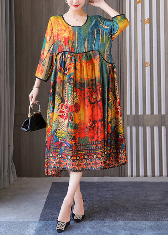 Casual Yellow Floral O-Neck Print Drawstring Long Dresses Summer