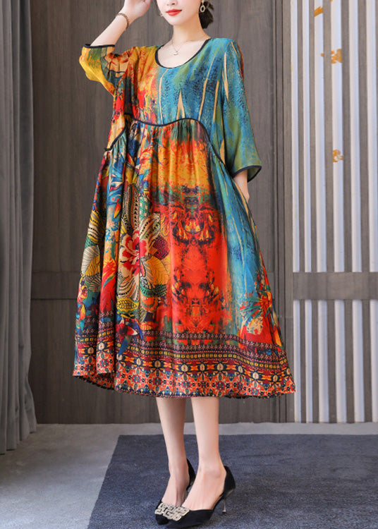 Casual Yellow Floral O-Neck Print Drawstring Long Dresses Summer