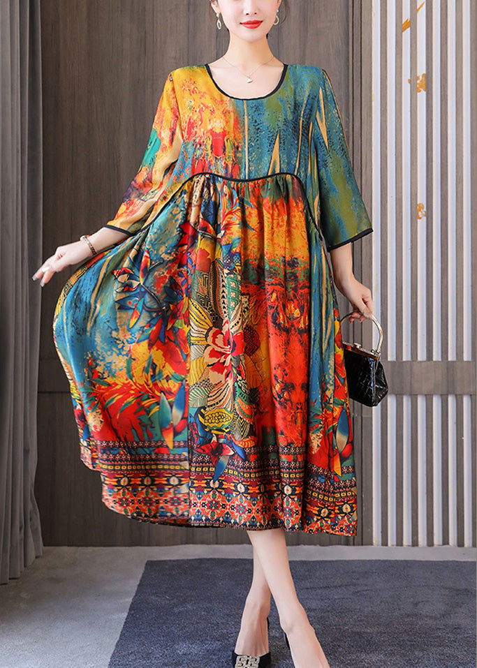 Casual Yellow Floral O-Neck Print Drawstring Long Dresses Summer