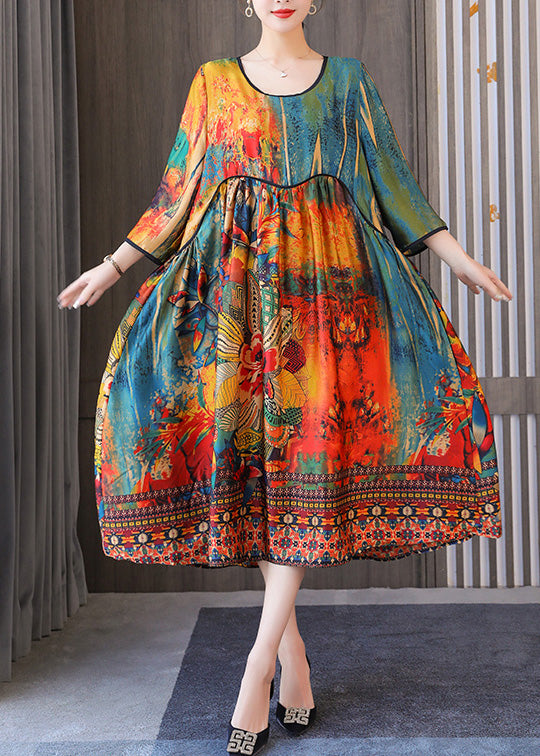 Casual Yellow Floral O-Neck Print Drawstring Long Dresses Summer