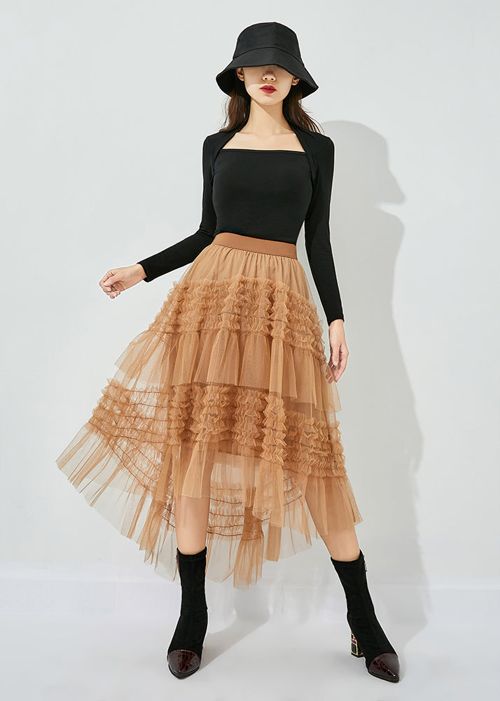 Casual Yellow Low High Design Patchwork Wrinkled Tulle Skirts Summer