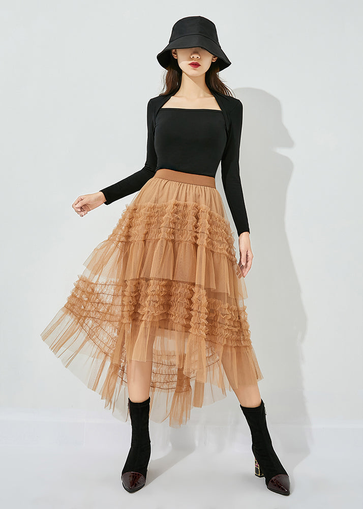 Casual Yellow Low High Design Patchwork Wrinkled Tulle Skirts Summer