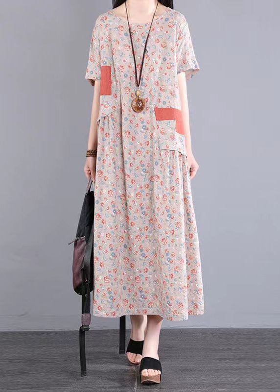 Casual Yellow O Neck Print Patchwork Cotton Long Dresses Summer