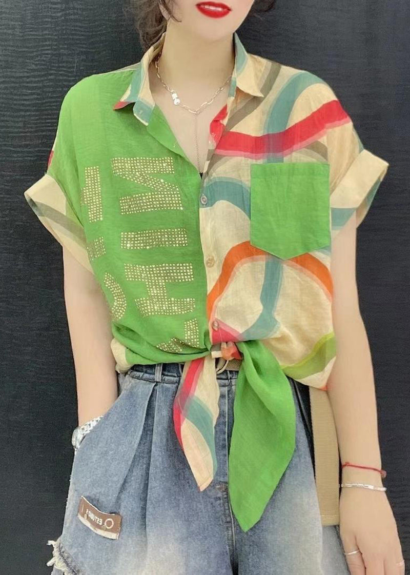 Casual Green Oversized Letter Zircon Print Cotton Shirts Summer