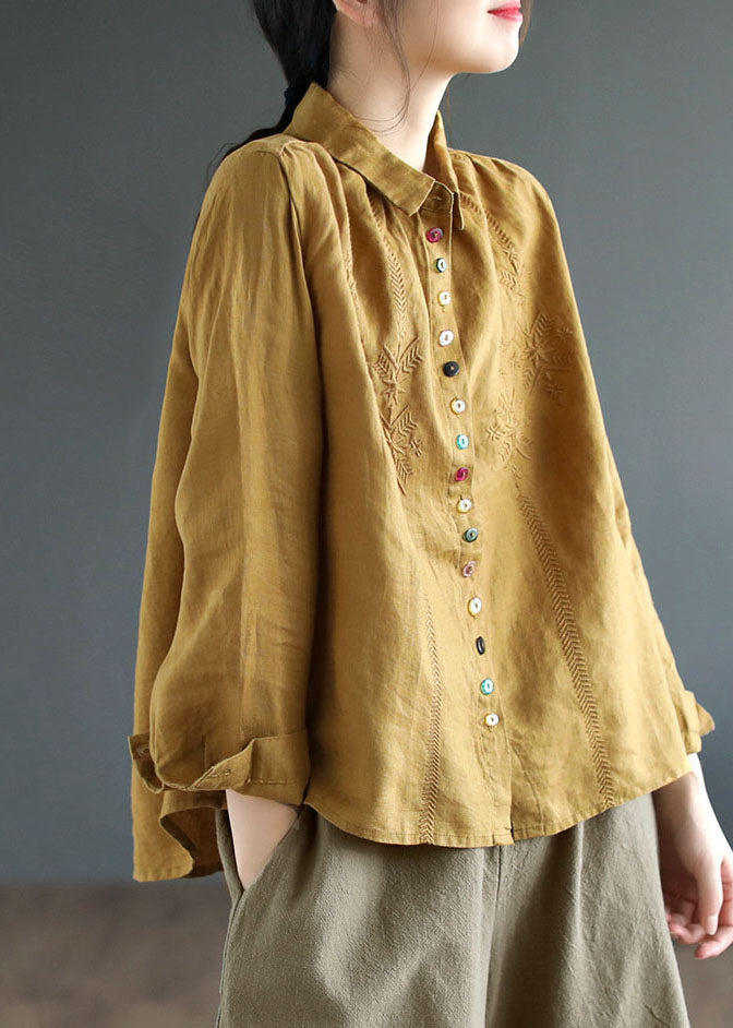 Casual Yellow Peter Pan Collar Embroideried Linen Blouse Tops Fall
