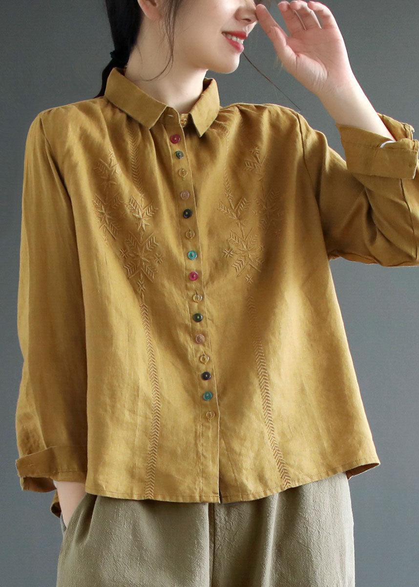 Casual Yellow Peter Pan Collar Embroideried Linen Blouse Tops Fall