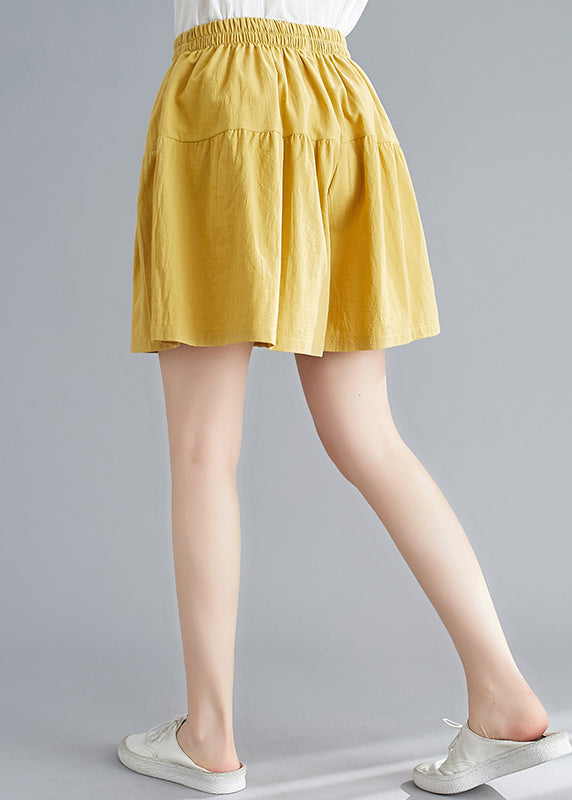 Casual Yellow Pockets Elastic Waist Cotton Shorts Summer