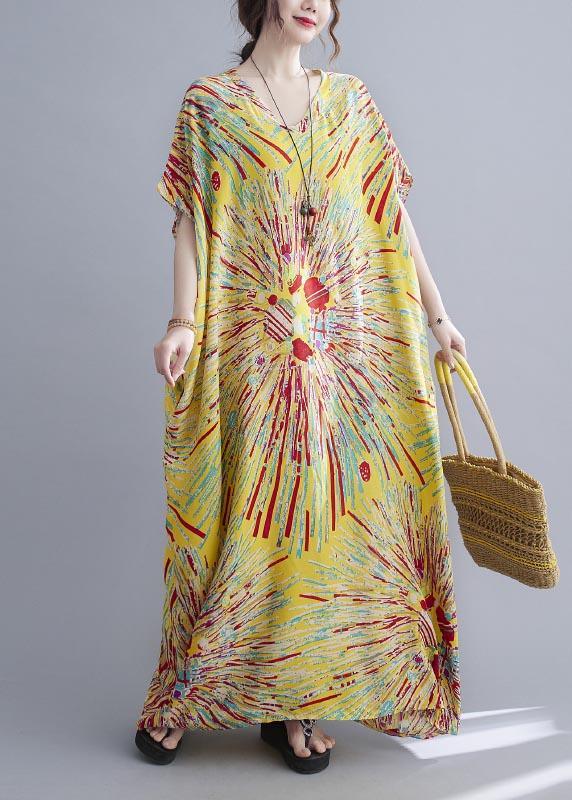 Casual Yellow Print Cotton V Neck Oversize Summer Dress ( Limited Stock) - Omychic